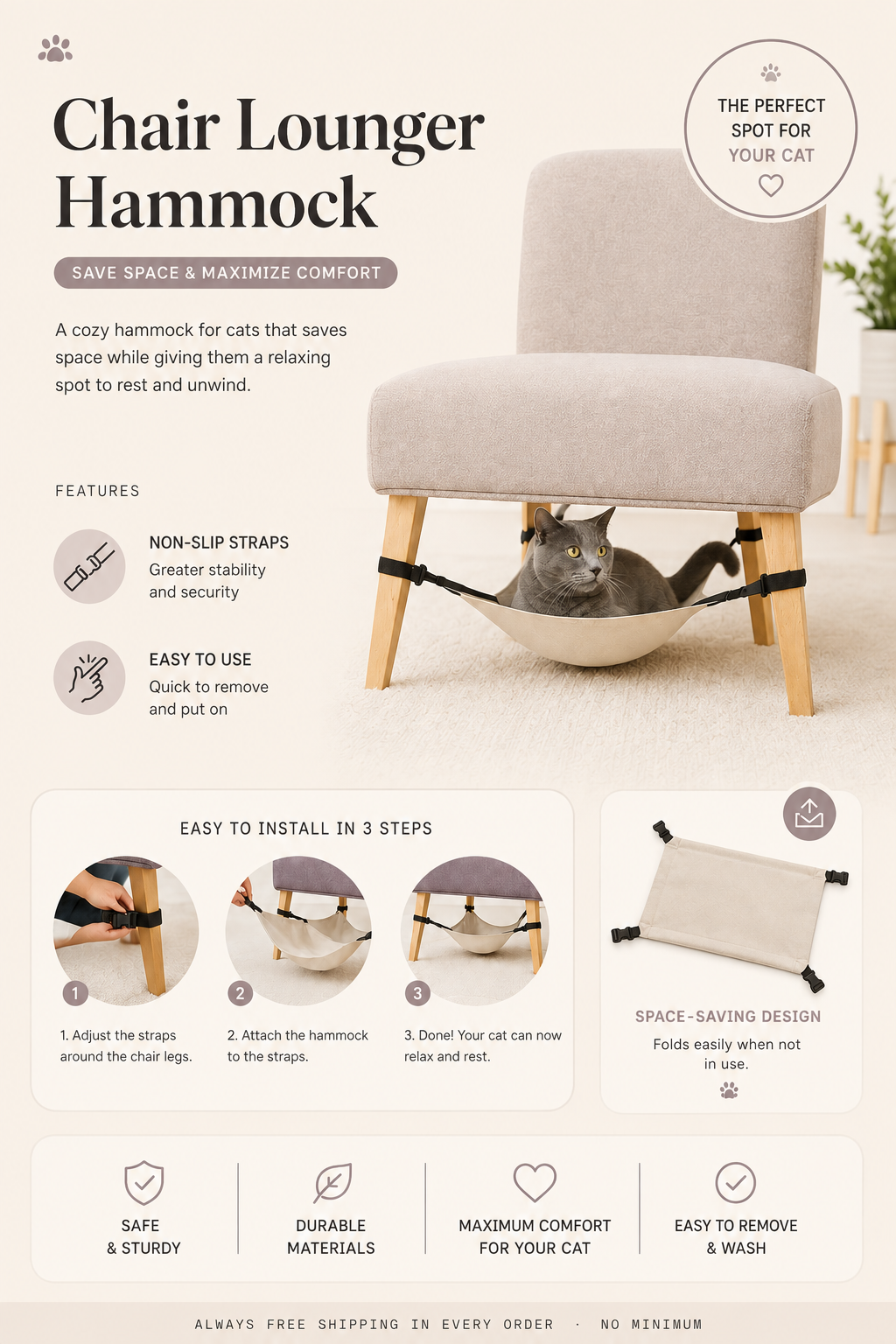 Chair Lounger Hammock - Space-Saving Cat Bed